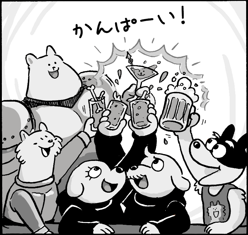 1つのテーブルに全員集まってかんぱいするイヌたち