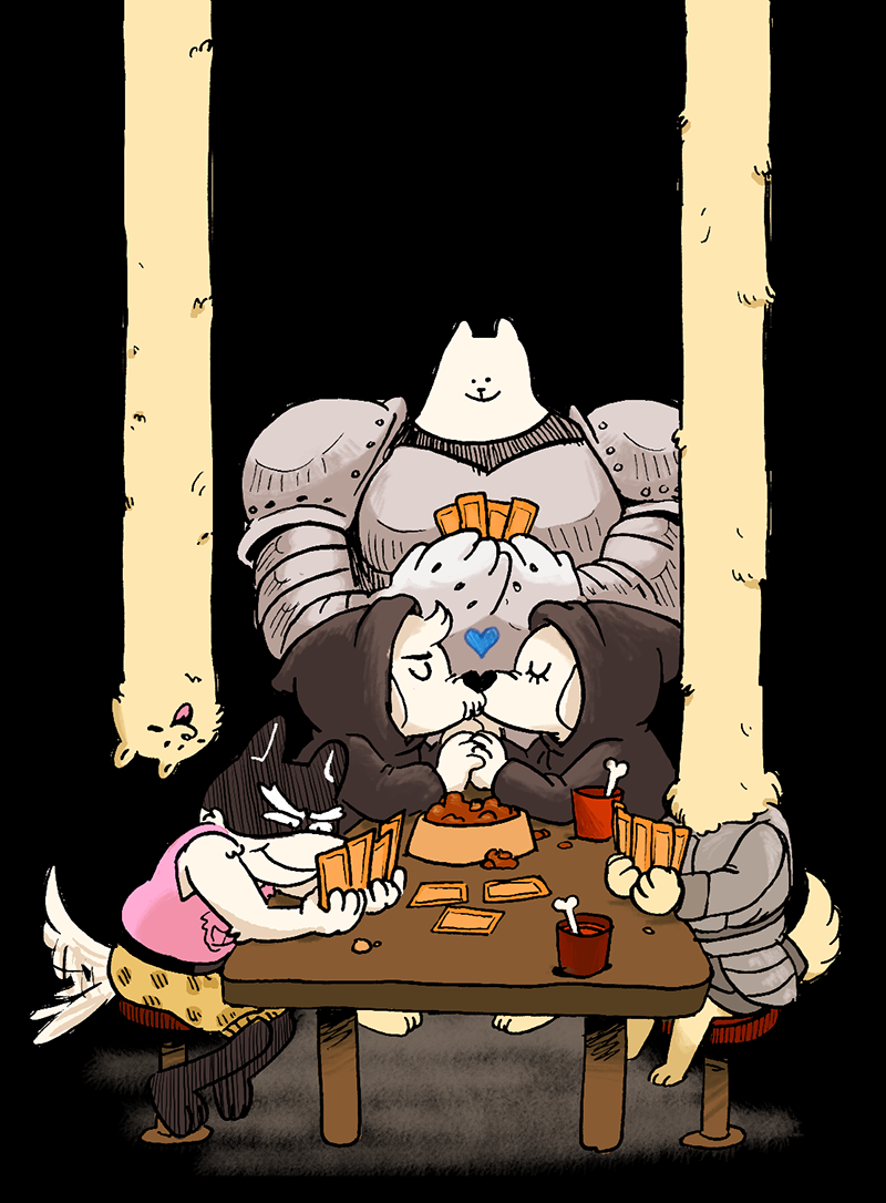 テーブルで、ポーカーをしたりキスしたりするイヌたち