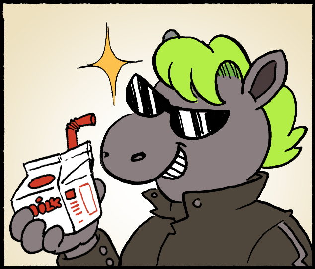 ストローがささった牛乳パックを持つ、サングラスをかけたパンク