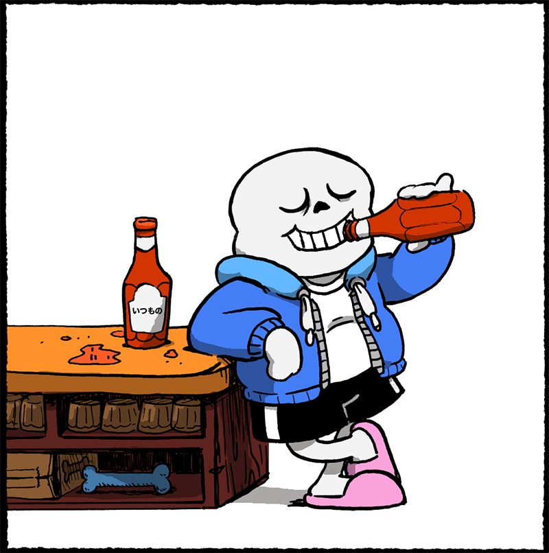 カウンターに寄りかかり、ラベルに「いつもの」と書かれたケチャップを飲むサンズ